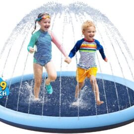 Non-Slip Splash Pad for Kids and Dog, Thicken Sprinkler Pool Summer Outdoor Water Toys – Fun Backyard Fountain Play Mat for Baby Girls Boys Children or Pet Dog (59 inch, Blue&Blue)